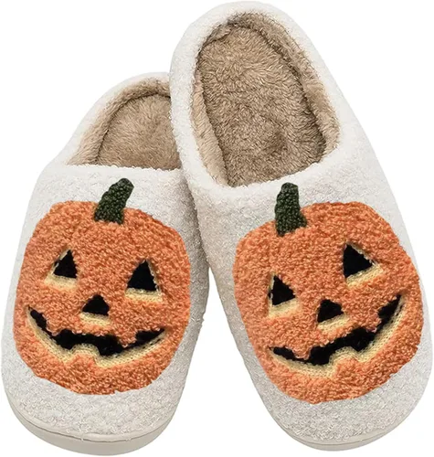 Vista 2 de ODYQIG Pantuflas de calabaza de Halloween para mujer y hombre, pantuflas de calabaza cálidas y espeluznantes para el hogar
