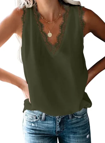 Vista 18 de BLENCOT Camiseta sin mangas con cuello en V para mujer, blusa de encaje, chaleco casual, camisola de verano Albaricoque