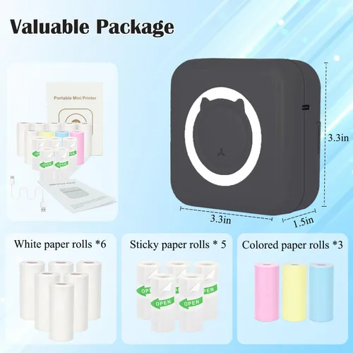 Vista 2 de Mini Impresora Térmica de Pegatinas sin Tinta con 14 Rollos de Papel, Compatible con iPhone/Teléfono Android/Tableta, Mini Impresora de Bolsillo