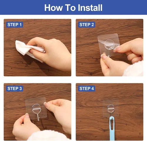 Vista 5 de Ganchos adhesivos de pared para colgar abrigos resistentes, 13 libras (máx.), gancho transparente impermeable multiusos, ganchos de acero inoxidable