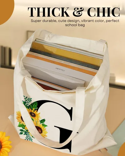 Vista 6 de AUSVKAI - Bolsa de lona estética para mujer, linda inicial de girasol con monograma de moda personalizada para el cumpleaños, bolsas de tela