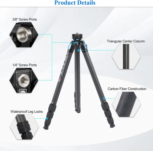 Vista 2 de SIRUI Trípode profesional de fibra de carbono resistente, trípode de cámara impermeable de 68.9 pulgadas con columna central triangular, tubo grande