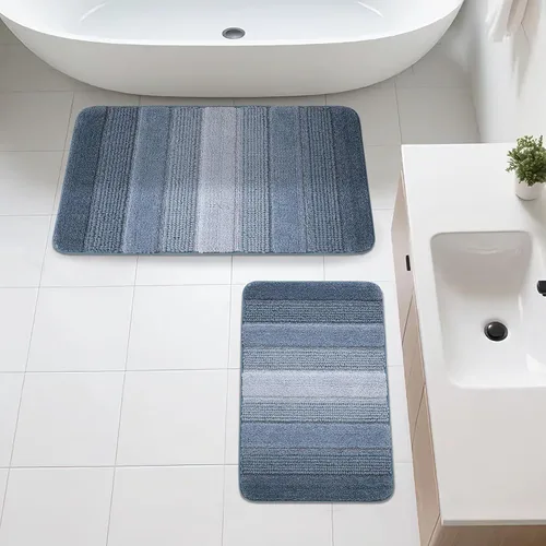Vista 10 de Kmson Juego de 3 alfombras de baño de chenilla ombré, antideslizantes, ultra suaves, lavables, alfombras de baño peludas para bañera, tapete de Azul