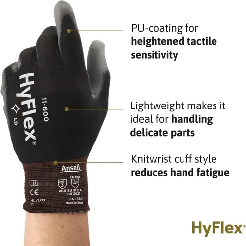 Vista 2 de Ansell HYFLEX 11-600 - Guantes industriales de nailon ligeros con revestimiento de palma para fabricación de metal, automotriz, talla grande (9)