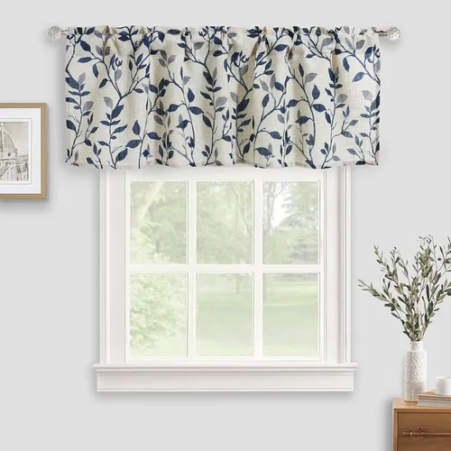 Vista 9 de Cenefa de cocina de lino, cenefas de cortina con estampado de hojas de árbol para baño, dormitorio, sala de estar, decoración de granja con bolsillo
