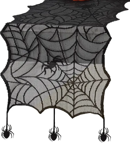 Vista 9 de Camino de mesa de encaje de araña de Halloween, color negro, 13 pulgadas de ancho x 70 pulgadas de largo