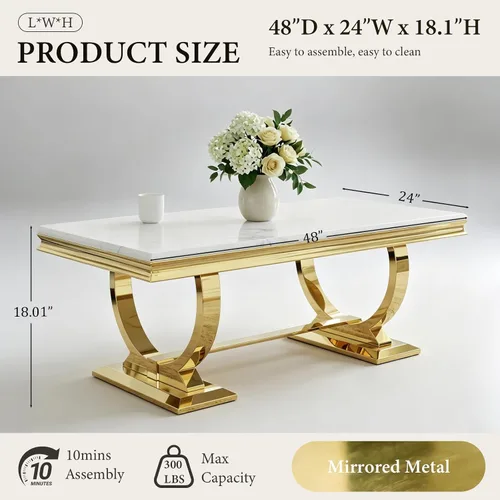Vista 2 de Asday Mesa de centro dorada y blanca, mesa de centro rectangular de mármol dorado, mesa central elegante de lujo para sala de estar, pasillo