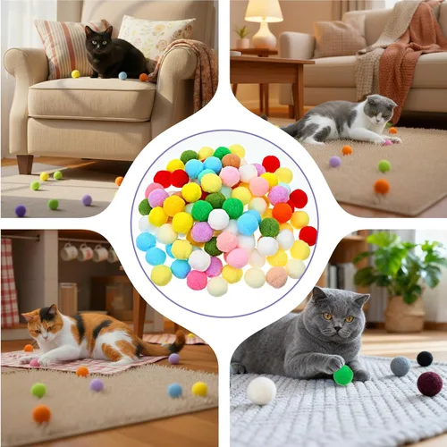 Vista 6 de 100 bolas de juguete para gatos, bolas interactivas de felpa suave de 1 pulgada para gatos peludos gatitos, juguete silencioso para gatos y mascotas