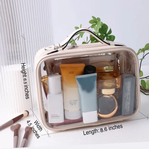 Vista 7 de SANHECUN Neceser de viaje Estuche grande transparente para cosméticos bolsa de maquillaje (beige, pequeño)
