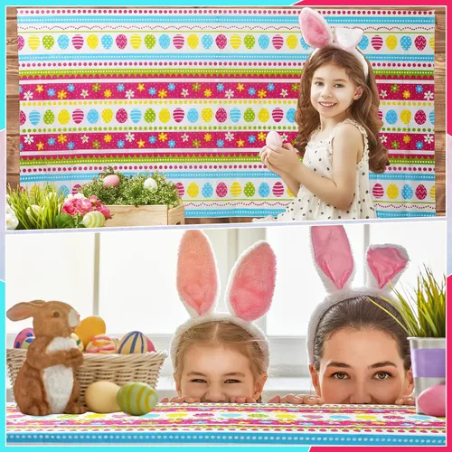 Vista 5 de Oudain 6 manteles de fiesta de Pascua a granel, cubierta de mesa de huevos de Pascua de plástico desechable, mantel de conejo colorido