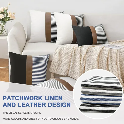Vista 5 de Cygnus - Juego de 2 fundas de almohada de 16 x 16 pulgadas hechas de lino y de la unión de distintas telas con diseño de rayas para decoración Negro