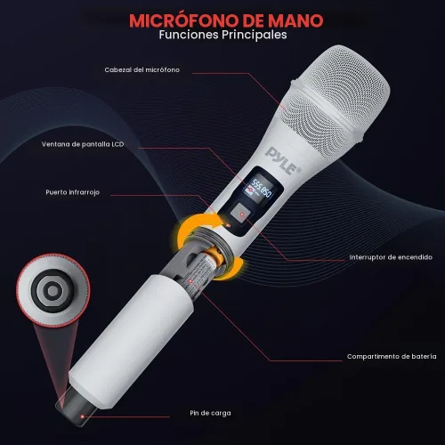 Vista 3 de Pyle Sistema de micrófono inalámbrico UHF con micrófonos de mano duales, recargable por USB, receptor de frecuencia fija Bluetooth, audio DSP