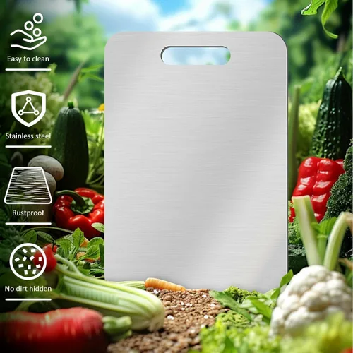 Vista 3 de Tabla de cortar de titanio para cocina, tablas de cortar de acero inoxidable de doble cara de grado alimenticio para cortar verduras y carne, fácil