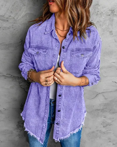 Vista 3 de Vetinee Chaqueta de mezclilla de gran tamaño con botones y dobladillo deshilachado para mujer