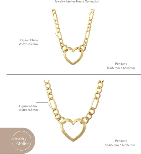 Vista 6 de Jewelry Atelier Collares de corazón Figaro rellenos de oro dije de corazón relleno de oro amarillo de 14 quilates con cadena Figaro sólida