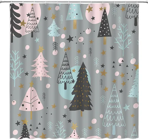Vista 21 de GCTNBJL Cortina de ducha navideña para RV, diseño de árbol de pino, copo de nieve, estrella, bosque, vacaciones de invierno, naturaleza rústica