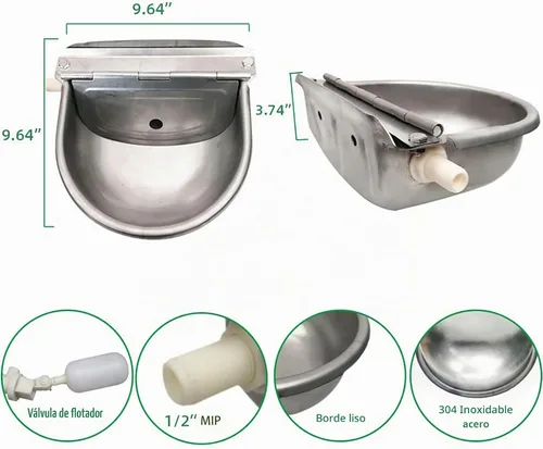 Vista 3 de Cuenco automático de agua potable de vaca, acero inoxidable 304 para caballos, cabra, cerdo, perro, con válvula de flotador de 1/2