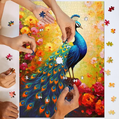 Vista 7 de Rompecabezas vintage de pavo real para adultos de 1000 piezas, rompecabezas de jardín de pájaros coloridos, rompecabezas de animales de flores