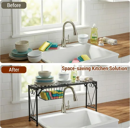Vista 4 de MyGift Estante para colocar sobre el fregadero con cajón extraíble, estante extensible de metal negro para cocina sobre el fregadero, estante