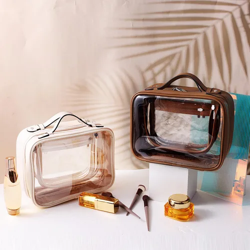 Vista 6 de SANHECUN Neceser de viaje Estuche grande transparente para cosméticos bolsa de maquillaje (beige, pequeño)