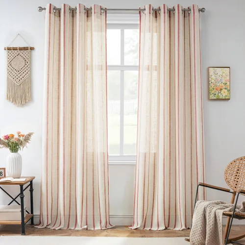 Vista 76 de DriftAway Cortinas de estilo granja con rayas verticales de lino mezclado texturizado con filtro de luz semitransparente para sala de estar