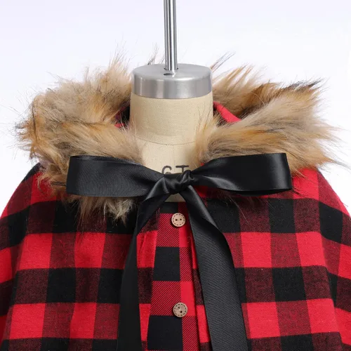 Vista 5 de Vestido de fiesta de Navidad para mujeres y niños y niñas, vestido de tutú a cuadros rojos con capa con capucha, capa y disfraz familiar a juego