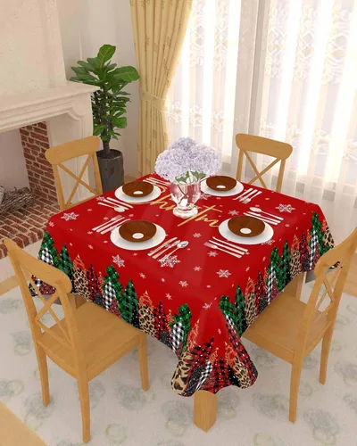 Vista 2 de Mantel de Navidad rojo para mesas redondas rectangulares, 60 x 60 pulgadas, mantel lavable con árbol de Navidad, manteles oblongos impermeables