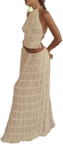 Vista 2 de Conjunto de falda Y2K para mujer, sin tirantes, ombliguera entallada, falda midi, vestido sexy de 2 piezas, falda de punto, falda de verano
