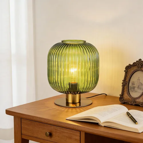 Vista 8 de NKU Lámpara de mesa moderna de mediados de siglo con pantalla de vidrio acanalado ámbar y acabado dorado, luz regulable para mesita de noche