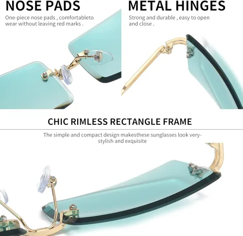 Vista 2 de KAMMPT Gafas de sol sin montura para mujeres y hombres lentes teñidas de metal dorado sin marco unisex rectángulo lentes