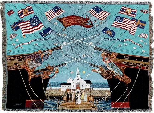 Vista 4 de Pure Country Weavers Manta de matrimonio Dockside por Charles Wysocki - Tapiz de regalo de playa costera de Estados Unidos temprano de América