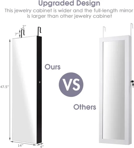 Vista 5 de Giantex Armario de joyería para puerta de pared con espejo de longitud completa 2 LED con cerradura grande organizador de joyas con espejo ancho