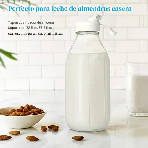 Vista 5 de Paquete de 4 botellas de leche de vidrio de 1 litro con escala, tapa de rosca 100% hermética y resistente, tarros de 32 onzas con 2 boquillas