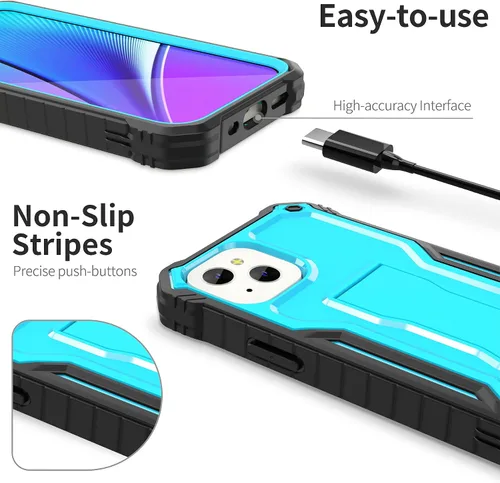 Vista 2 de ExoGuard Compatible con iPhone 13 Mini, funda de goma a prueba de golpes de cuerpo completo con protector de pantalla de vidrio templado, soporte
