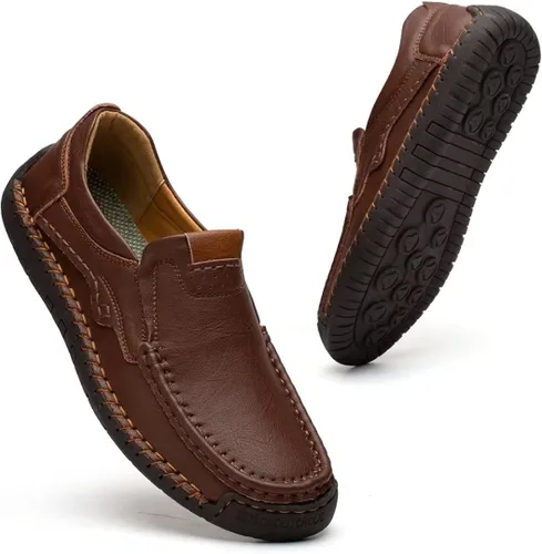Vista 4 de Zapatos de conducción para hombre, mocasines casuales sin cordones, zapatos de vestir cómodos de cuero de ancho ancho ancho para hombre. Incluye un