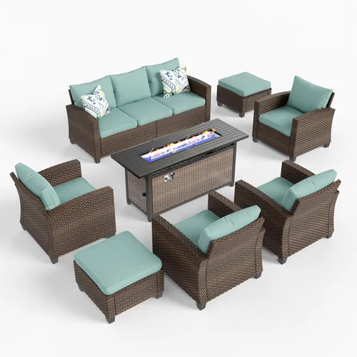Vista 9 de HERA'S HOUSE - Juego de muebles para patio con mesa para fogata, muebles de mimbre para exteriores, sofá de conversación con asientos profundos