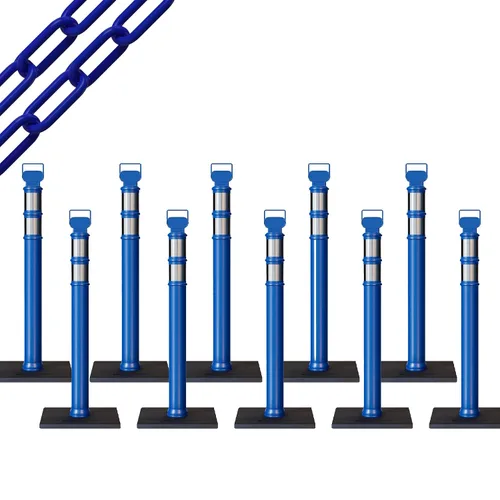 Vista 15 de CCW 10-Pack 45" Delineador Post Kit, 3" Collares reflectantes, 10 lb Base de goma (10 postes azules con cadena negra de 50 pies)