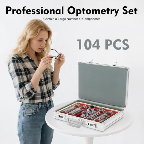 Vista 2 de Juego de 104 lentes ópticas de prueba, marco de prueba de optometría de borde de metal con funda, kit de optometría de lente óptica precisa