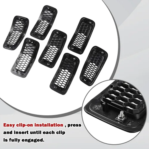 Vista 6 de JSCARLIFE J-eep Cherokee 2014-2018 - Kit de 7 piezas de insertos de rejilla de panal de abeja, cubiertas de malla estilo OEM, instalación con clip