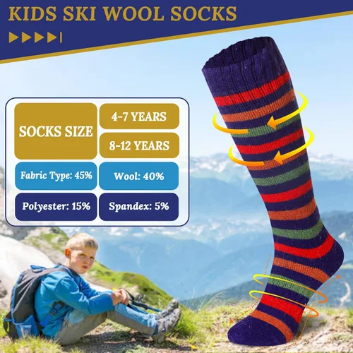 Vista 5 de Calcetines de esquí para niños de lana merina cálidos térmicos para senderismo snowboard hasta la rodilla calcetines para botas para niños y niñas 2