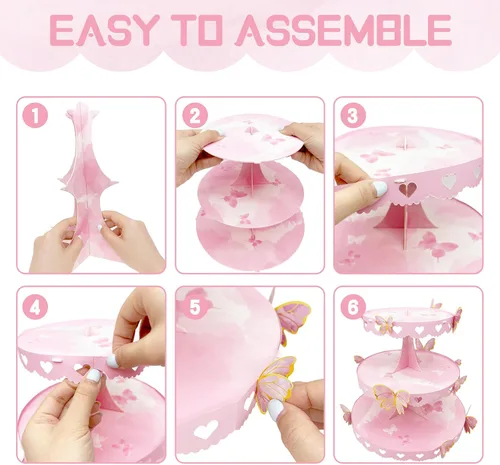 Vista 5 de Soporte para cupcakes de mariposa rosa de 3 niveles, torre de postre de princesa Elegante diseño de mariposa rosa, torre de postre de 3 niveles