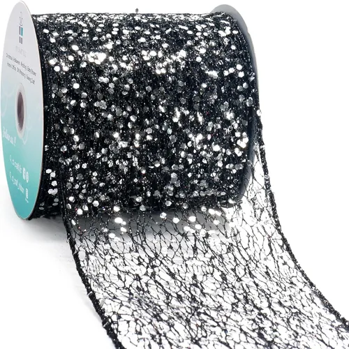 Vista 31 de Cinta con alambre de malla brillante con purpurina de 6 x 10 yardas, color negro para decoración del hogar, lazo para envolver regalos