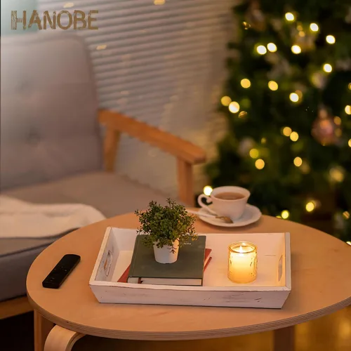 Vista 4 de Hanobe Bandeja decorativa de madera para servir: bandejas otomanas de madera rústica para mesa de café, bandeja rectangular con asas para sala