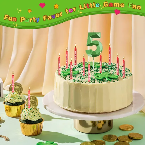 Vista 4 de Fumete 13 velas de dinamita, velas de cumpleaños de píxeles verdes, decoración de cumpleaños temática de juego para temática de píxeles