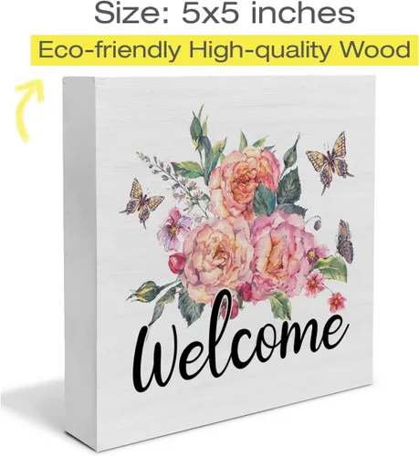 Vista 2 de Letrero de madera con texto en inglés "Welcome Butterflies", caja de madera de granja, bloques de arte de primavera, estante de escritorio, mesa