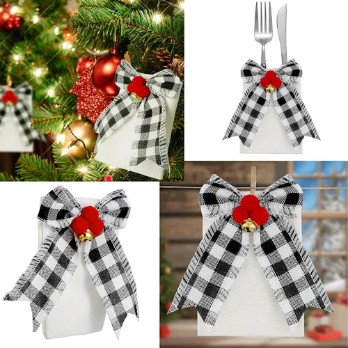 Vista 6 de 12 piezas de soporte para cubiertos de Navidad, soporte de utensilios de yute, soporte de vajilla de Navidad, cubertería de cuadros de búfalo, bolsa