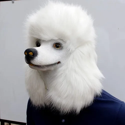 Vista 3 de TABKER Máscara de látex para disfraz de perro caniche blanco de Navidad, Halloween, fiesta, espectáculo, máscara de látex para perro, cabeza