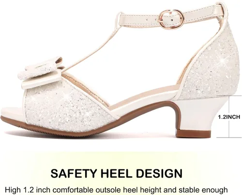 Vista 7 de PANDANINJIA Sally Girls Heels, Girls Dress Shoes Pump T Strap Open Toe Bow Rhinestone Girls Sandals for Toddler Little Kid Big Kid