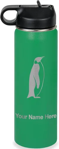 Vista 38 de LaserGram Botella de agua personalizada, pingüino, acero inoxidable de doble pared aislada al vacío con popote superior, regalo grabado
