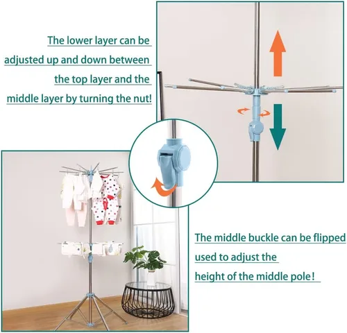 Vista 8 de Hershii Estante de secado de ropa plegable de 2 niveles para interiores y exteriores, soporte plegable para colgar ropa, ahorro de espacio